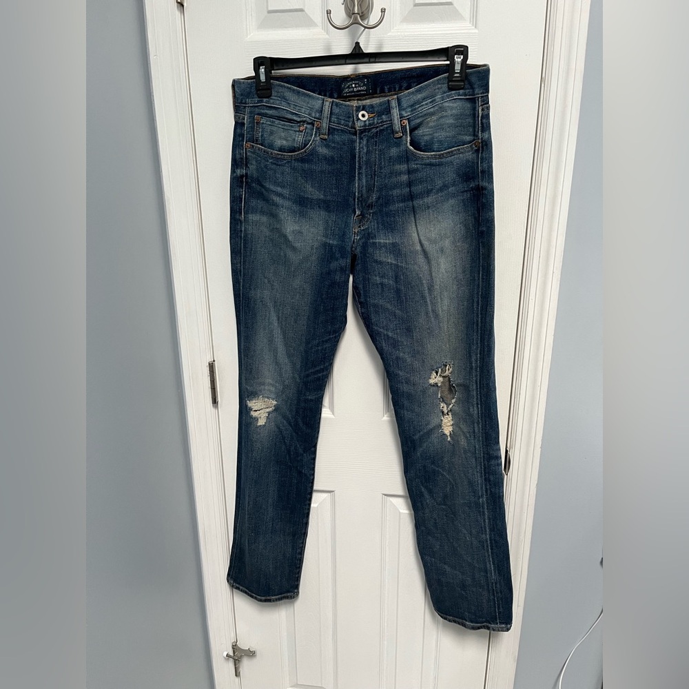 LUCKY BRAND 121 Heritage Slim Jeans 33 x 32 distressed Zip Fly Mens Stretch